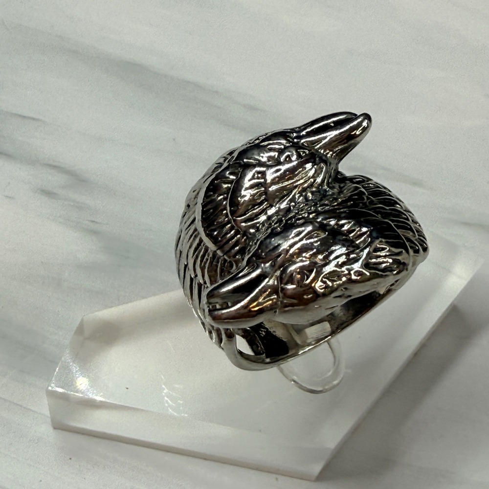 Mens Silver Tone Double Raven Eagle Head Ring Size 12.5 Biker Gothic Mythical